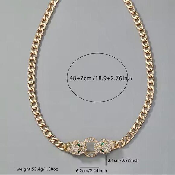 White Diamond Simulated Green Emerald Glass Leopard Head Link Gold Necklace - Picture 7 of 7